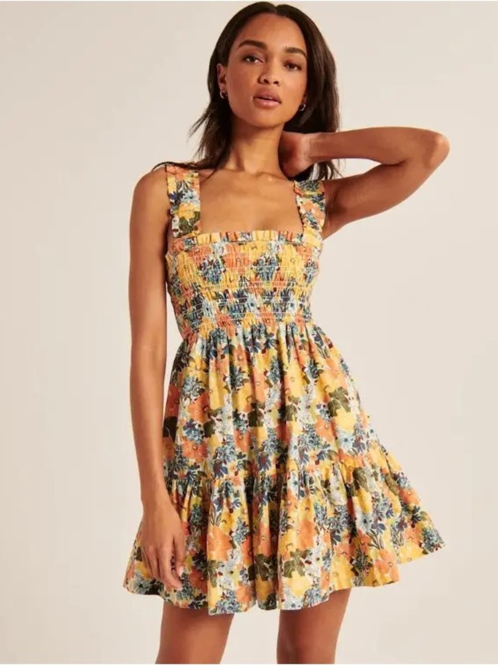 Abercrombie & Fitch Yellow Floral Smocked Mini Dress